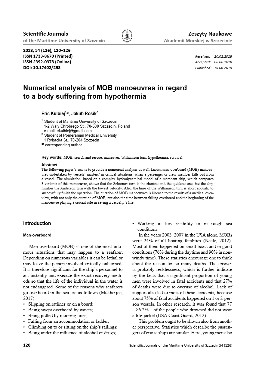 Cover of Numerical analysis of MOB manoeuvres in regard to a body suffering from hypothermia