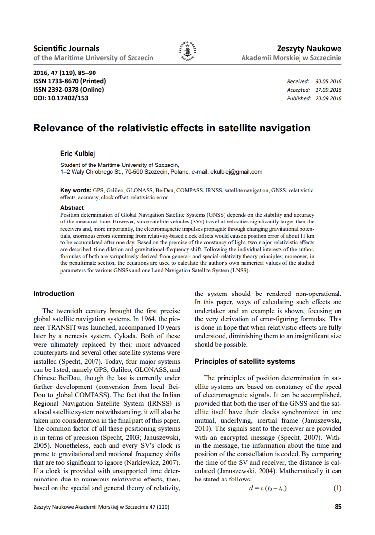 Cover of Relevance of the Relativistic Effects in Satellite Navigation